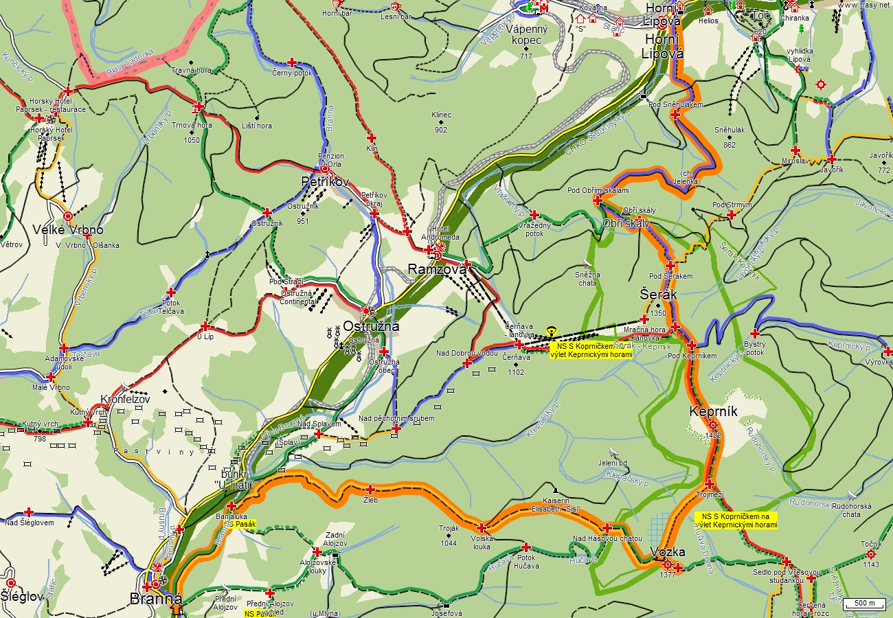 Návrh trasy - z Branné, přes Vozku, Keprník a Šerák do Lipové